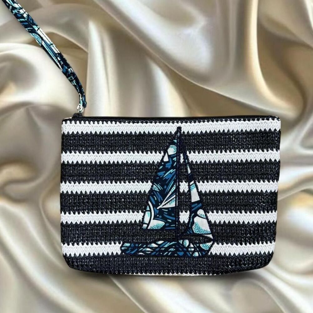 Vera Bradley Navy White Striped Straw Wristlet | Summer Sailboat Print
